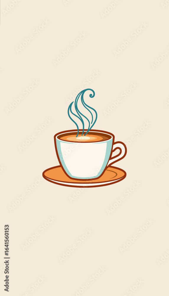 Obraz premium Hot beverage in white cup with steam on saucer and light background 