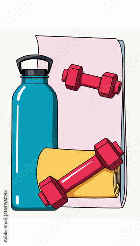 Fitness equipment including dumbbells and water bottle on mat  