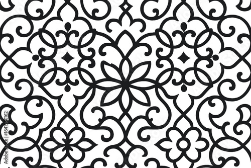 Seamless black and white floral arabesque geometric pattern background. Ornamental Islamic style decorative lattice. Traditional Arabic art inspired vector design. Abstract elegant interlaced motifs.