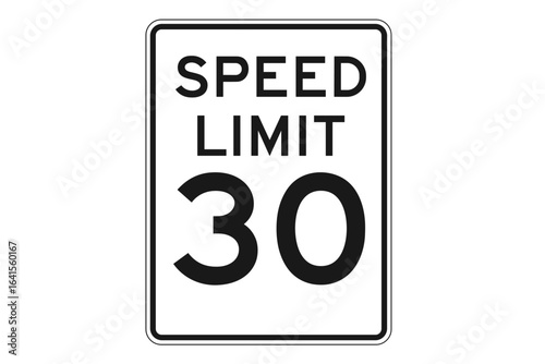 Vector illustration of rectangular speed limit 30 miles per hour road sign. Black and white regulatory traffic signage. Urban street sign for safe driving, transportation, safety, city roads, highway.