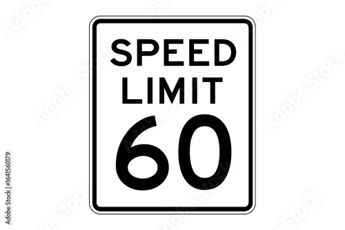 Speed limit 60 mph road sign. Regulatory traffic sign vector. Transportation safety signal. Highway speed control signboard. Black and white roadside warning. Legal driving regulation symbol USA.