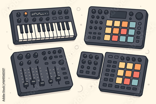 Electronic music production vector illustration. Synthesizer keyboard, drum machine, MIDI controllers, mixing console, beat pads. Digital instruments for techno, house, dubstep, chiptune genres