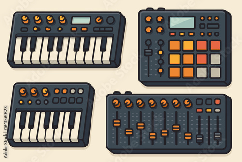 Electronic music production equipment vector illustration. Synthesizer keyboard, drum machine, mixing console, MIDI controller, music studio gear. Iconic DJ tools for techno, house, dubstep, EDM setup