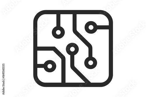 Circuit board icon. Artificial intelligence technology symbol. Digital chip vector illustration. Futuristic electronics. Microchip communication network. Modern computer hardware. Black outline logo.