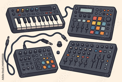 Electronic music production equipment set. Synthesizer keyboard, drum machine, audio mixer, DJ controller, cables, knobs, pads. Vector cartoon illustration. Techno, house, dubstep, studio, EDM.