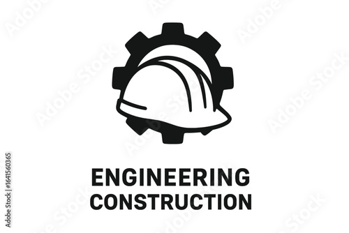 Engineering construction logo with safety helmet and gear symbol, industrial building and manufacturing icon, vector illustration for construction and engineering industry branding