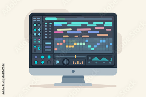 Electronic music production software dashboard on desktop computer screen. Digital audio workstation interface with sequencer, mixer, controls and colorful tracks. Modern vector illustration