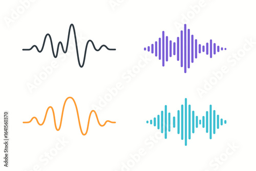Audio Waveform Vector Set. Vibrant Sound Spectrum Lines and Bar Graphs. Music, Voice, Podcast, Volume, Beats, Frequency Visualization. Digital Audio Signal Isolated on White. Modern Flat Illustration.