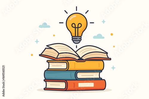Stack of Books and Glowing Light Bulb—Creative Knowledge, Education, Reading Ideas, Learning Motivation, Inspiration, Study Success, Imagination, Wisdom, Flat Design Vector Illustration