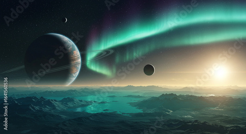 Photorealistic Alien Planet with Rings and Moons