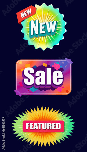 Colorful sale tags with new and featured discounts on black background  