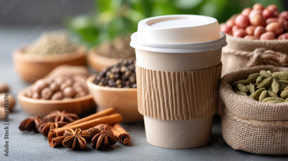Disposable coffee cup with spices and herbs in burlap sacks Disposable coffee cup with spices and herbs in burlap sacks