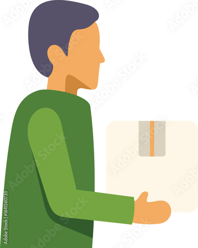 Delivery man holding parcel, delivering package, logistics worker character in uniform at work, side view