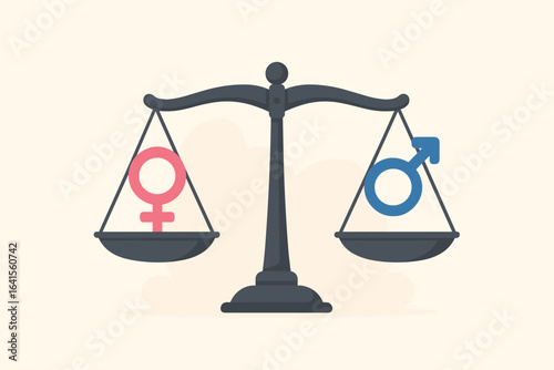 Gender equality concept balance scale with male and female symbols, equal rights, gender parity, social justice, equity, diversity, inclusion, empowerment, fairness, vector illustration
