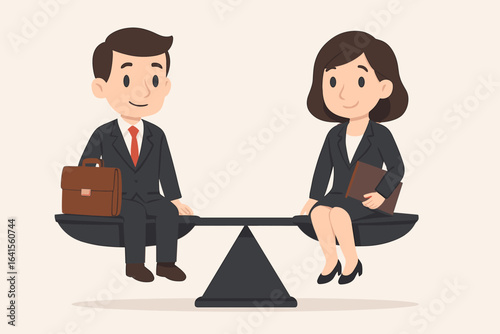 Gender equality in workplace concept. Businessman and businesswoman in suits balancing on scale. Equal pay, opportunity for men and women. Gender parity corporate vector illustration cartoon