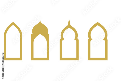 Islamic Arch Designs Set. Golden Mosque Window, Door, Niche Elements. Arabic Ornament Silhouettes, Islamic Architecture Shapes. Ramadan, Eid, Iftar Invitation Vector Clipart Transparent Background