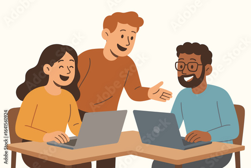 Casual teamwork concept with three people collaborating on computers, smiling and enjoying work together, flat design cartoon vector illustration with clean white background