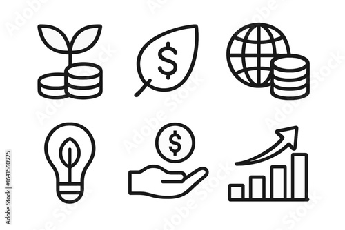 Illustrations of sustainable finance, investment growth, and renewable resources representing economic trends