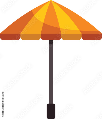 Cartoon style beach umbrella with orange and yellow stripes providing shade on a sunny day