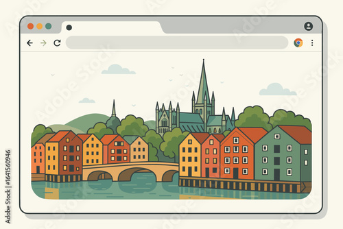 Trondheim Norway cityscape illustration in modern web browser window, colorful Scandinavian architecture, river with bridge, iconic Nidaros cathedral, digital art vector, travel destination concept