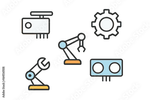 Various industrial automation icons representing robotic arms, gears, and sensors in a modern technology setting