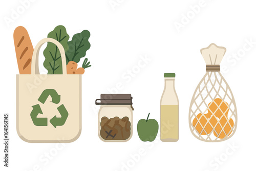 Grocery bag filled with fresh produce and eco-friendly storage solutions displayed on a clean surface