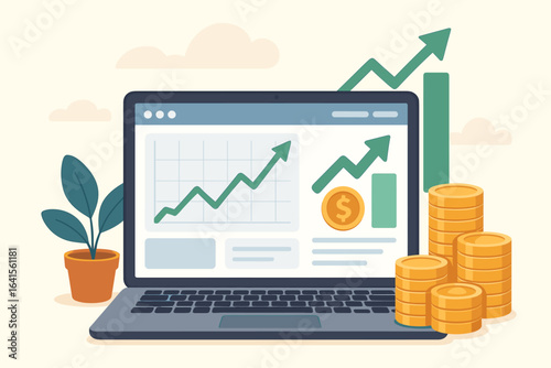 Online Investment Success, Profitable Stock Market Trading, Financial Growth Analytics, Money Chart Laptop Dashboard, Digital Earnings, Finance Web Interface, Vector Illustration