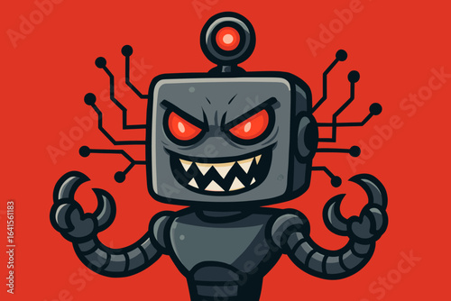 Evil robot mascot character for technology threat, cyber attack, artificial intelligence danger, cartoon villain machine illustration with red background, futuristic cyberpunk hostile AI concept