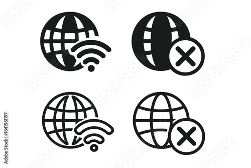 Internet connection globe icon set. Global network connectivity status, website access, wifi signal, offline, disconnected, no internet, web browser indicators, vector digital icons isolated