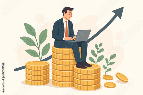 Businessman working on laptop sitting on growing stack of gold coins, investment growth, financial success, savings, wealth accumulation, profit increase, income, revenue, banking, vector illustration