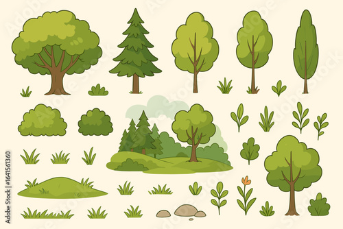 Cartoon nature landscape vector set. Collection of trees, pines, bushes, grass, forest plants, stones, hill, foliage, shrubs and natural elements for creating outdoor background scene design
