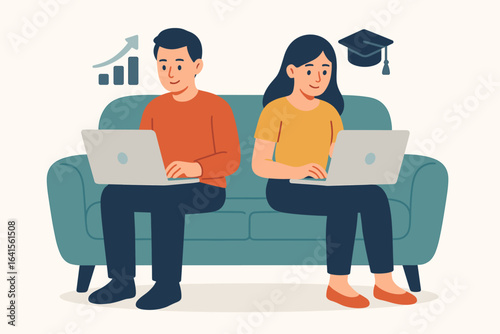 Remote learning teamwork, man and woman studying together online with laptops on sofa, digital education, e-learning, home study, academic growth, graduation goal, modern work, distance training