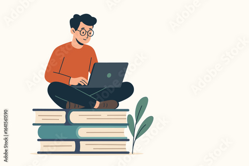 Young man studying online sitting cross-legged on stacked books with laptop, reading and researching, remote education, e-learning, digital knowledge, modern student, flat vector illustration