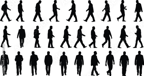 Walking people silhouettes in various poses, human gait vector art, motion study design, pedestrians illustration, backpack figure icon set