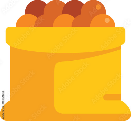 Ripe oranges filling a yellow sack, representing harvest, abundance, and the agricultural industry