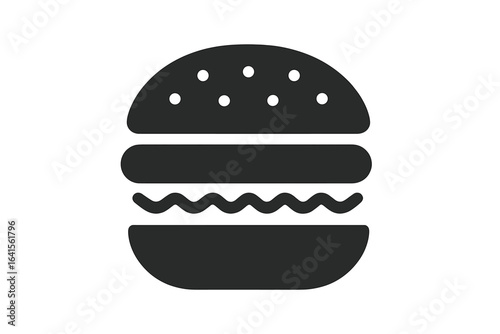 Minimalist hamburger icon vector illustration. Fast food burger menu symbol. Black silhouette with sesame seed bun, meat, cheese, lettuce. Restaurant signage. Snack bar logo. Modern graphic emblem.