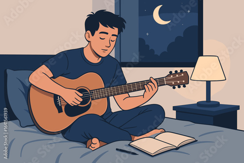 Man sitting in bed playing guitar and composing music at night, creative inspiration and musical practice concept, after dark songwriting, nighttime musician working on new songs vector illustration