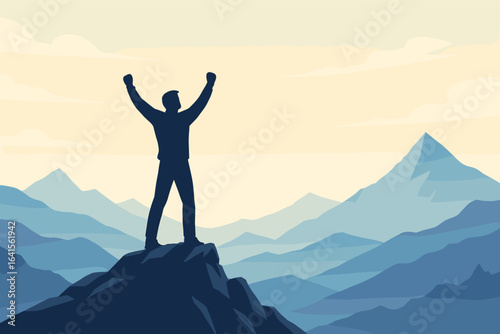 Achievement, victory, and freedom concept — silhouette of triumphant person on mountain peak, arms raised celebrating personal success, ambition, motivation, accomplishment, epic landscape background