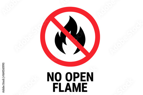 No open flame prohibition sign. Fire safety symbol. Warning, hazard, no fire allowed. Flammable material danger. Red circle with crossed out black flame icon. Safety sticker, vector illustration