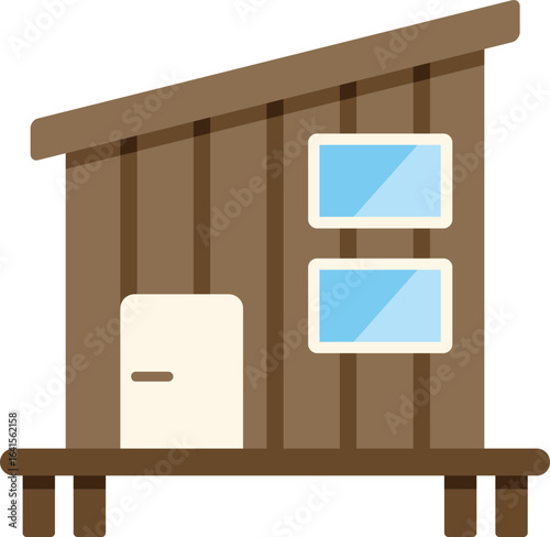 Simple flat vector illustration of a small wooden chicken coop building with windows and door, raised on wooden support beams