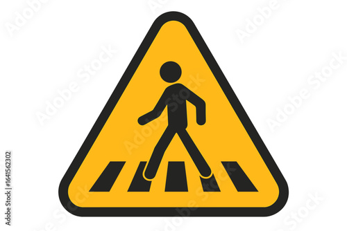 Pedestrian crossing warning sign vector. Yellow traffic safety alert triangle. Crosswalk road symbol with person walking. Urban street signage for pedestrian safety. Highway caution icon design.