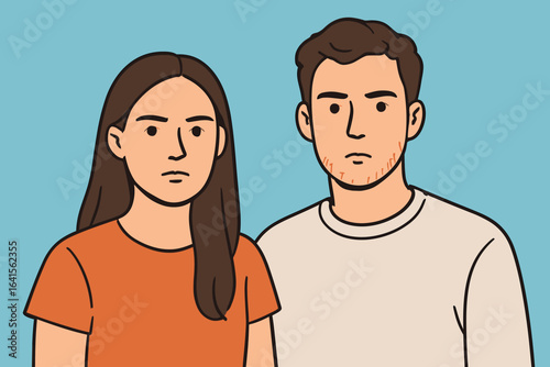 Young man and woman portrait illustration. Casual couple standing together. Serious neutral facial expression. Flat design vector. Blue background. Modern lifestyle relationship concept art.