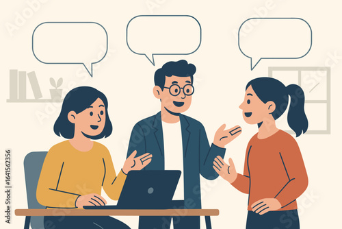 Office colleagues talking and discussing ideas in workplace with speech bubbles, three business people collaborating and communicating, flat design vector cartoon illustration