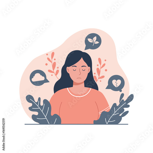 Illustration of a Sad Woman with Thought Bubbles Representing Emotions