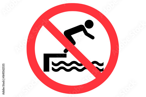 No jumping into water prohibition sign vector. Warning notice for pool safety. Red circle with man diving illustration. Swimming pool caution. Do not dive graphic. Safety signage for water area.