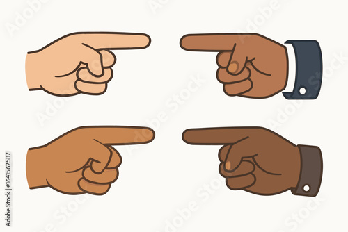 Diverse pointing hands vector illustration set. Four cartoon human hands in different skin tones and sleeve styles showing direction with index finger, flat design on white background.