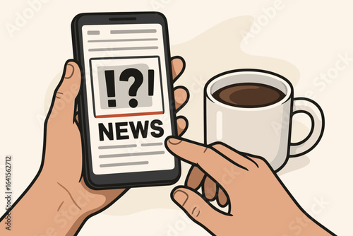 Shocked reaction to breaking news on smartphone while drinking coffee. Hands scrolling news site on mobile device. Morning coffee routine. Surprised newsreader concept. Vector illustration.