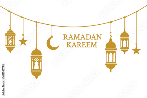Ramadan Kareem hanging lanterns garland. Islamic ornamental lanterns, golden crescent moon and stars. Muslim festival, oriental eid decoration, festive greeting vector, religious holiday design.