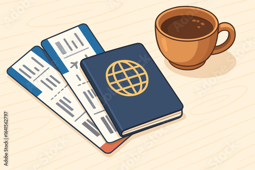 Passport, Plane Tickets and Coffee on Table — Travel Preparation, Vacation Planning, Early Morning Journey, Business Trip Concept, International Flight, Modern Vector Illustration