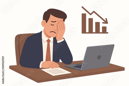 Frustrated businessman at desk with dropping graph, stagnant business growth, boredom, dissatisfaction, unproductive corporate routine, lack of progress, office anxiety, financial decline illustration